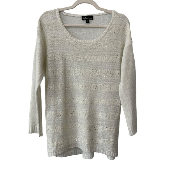 AGB Sweater Size Large Round Neck Long Sleeve Sequin Knit Metallic Ivory Silver - Picture 1 of 6
